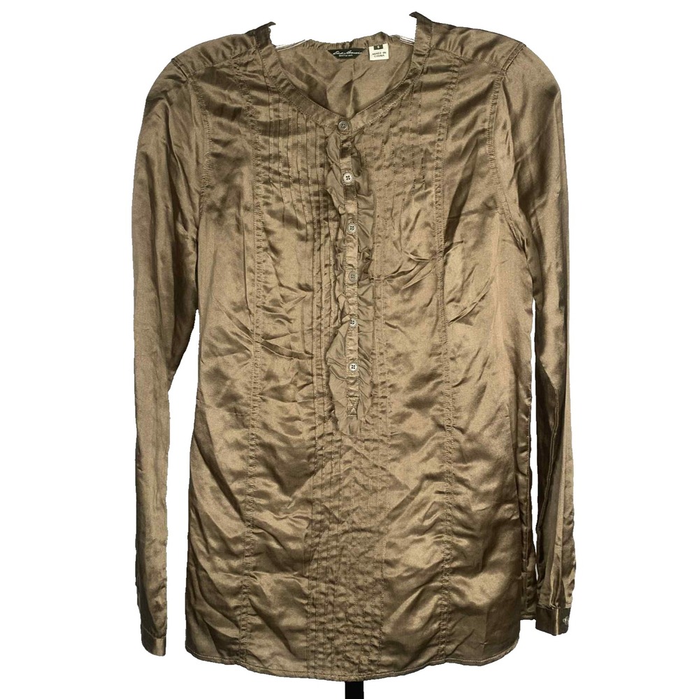 Eddie Bauer blouse Women's size small Green Silk‎ Blend Long Sleeve Y2K ruffles